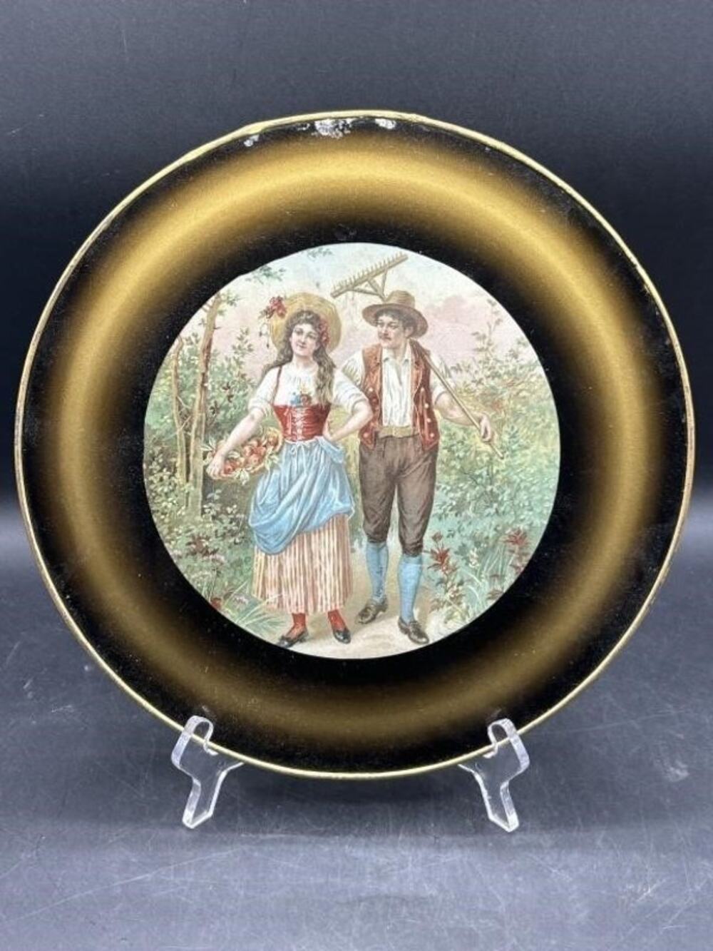 Vintage Romantic Gold-Foil Painted Glass Wall Hanging 11.75″ Diameter